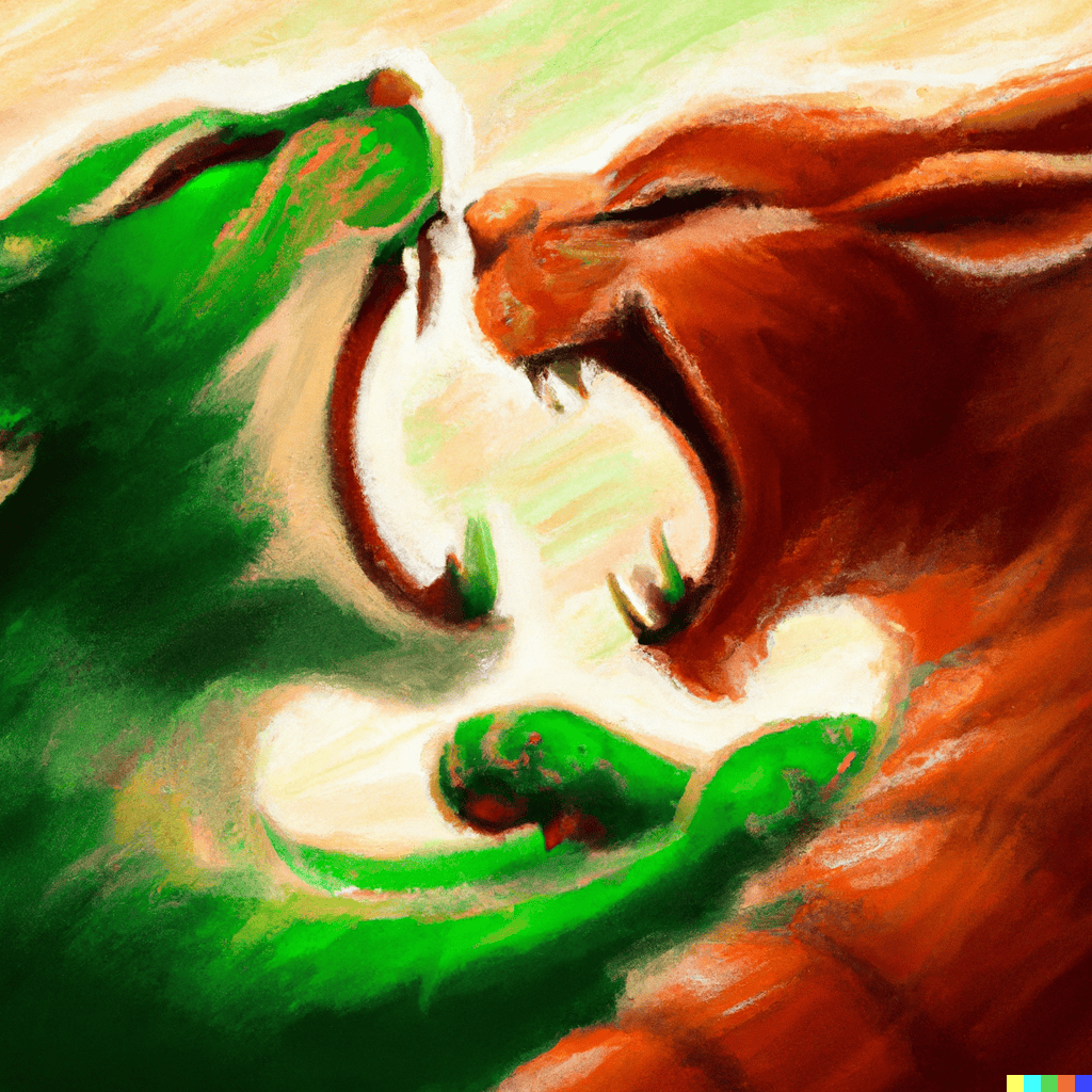 a green cat fighting a red cat