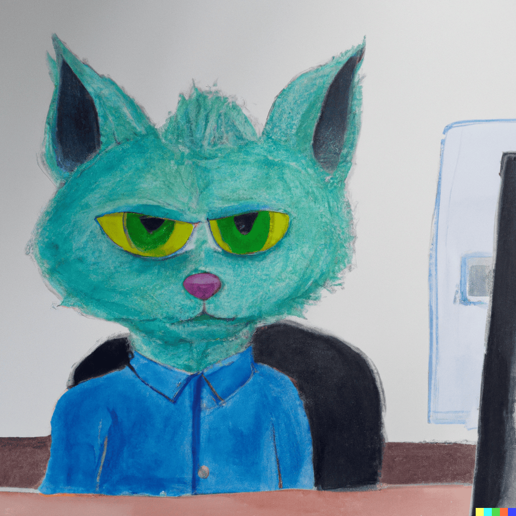 a green cat in the office