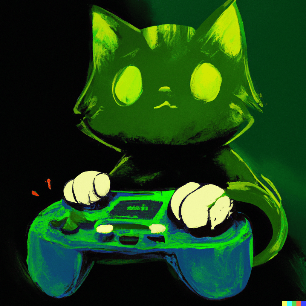 a green cat playing video games.